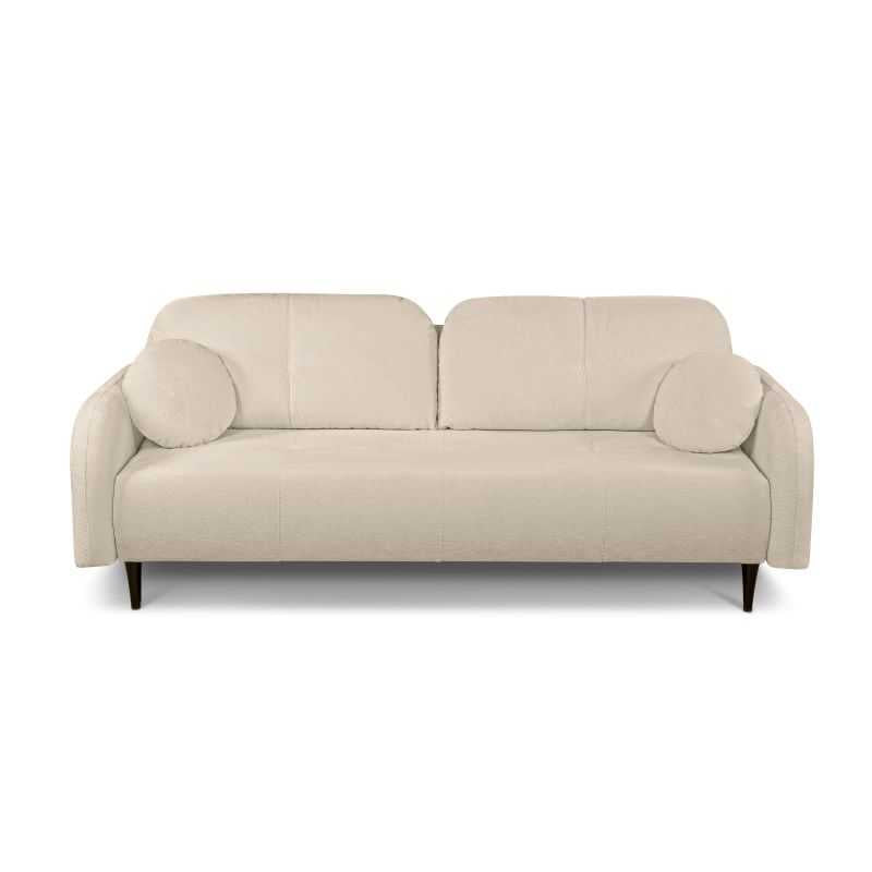 Canapé convertible 3 places tissu bouclette grège, lignes arrondies pour salon moderne