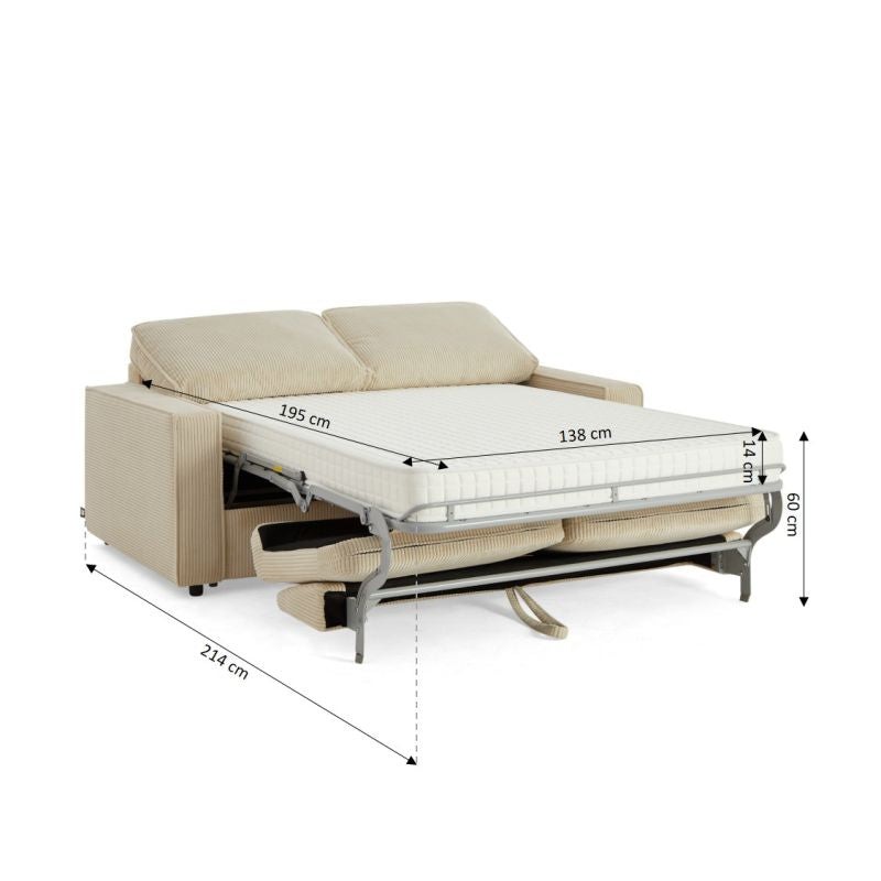 Canapé droit convertible express ROYAL 3 places velours côtelé beige