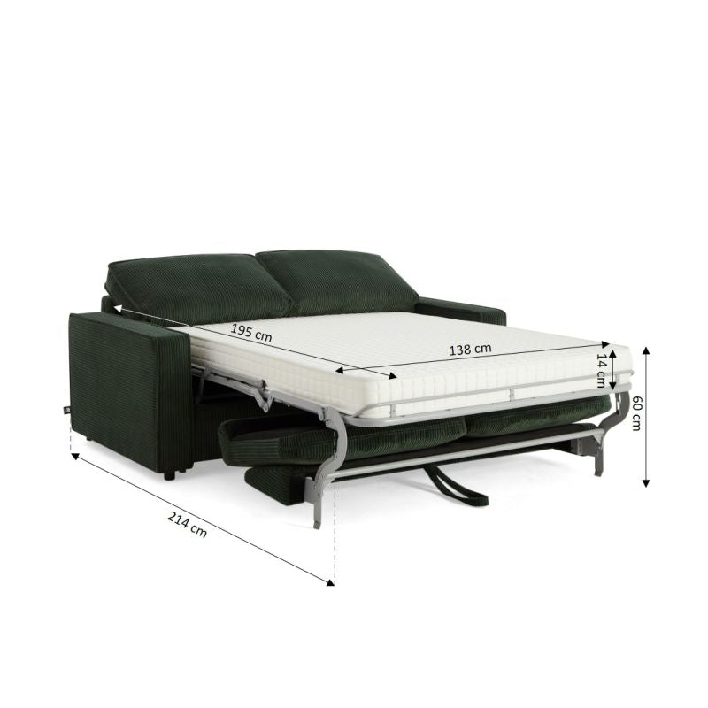 Canapé droit convertible express ROYAL 3 places velours côtelé vert