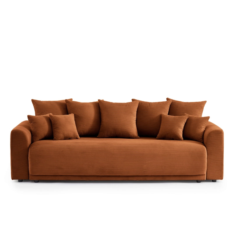 Canapé convertible 3 places velours côtelé terracotta, design épuré pour salon chaleureux