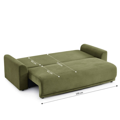 Canapé droit convertible 3 places SOLINE velours côtelé vert