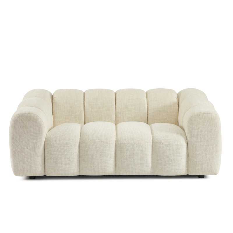Canapé droit 2 places tissu tweed écru, silhouette arrondie contemporaine