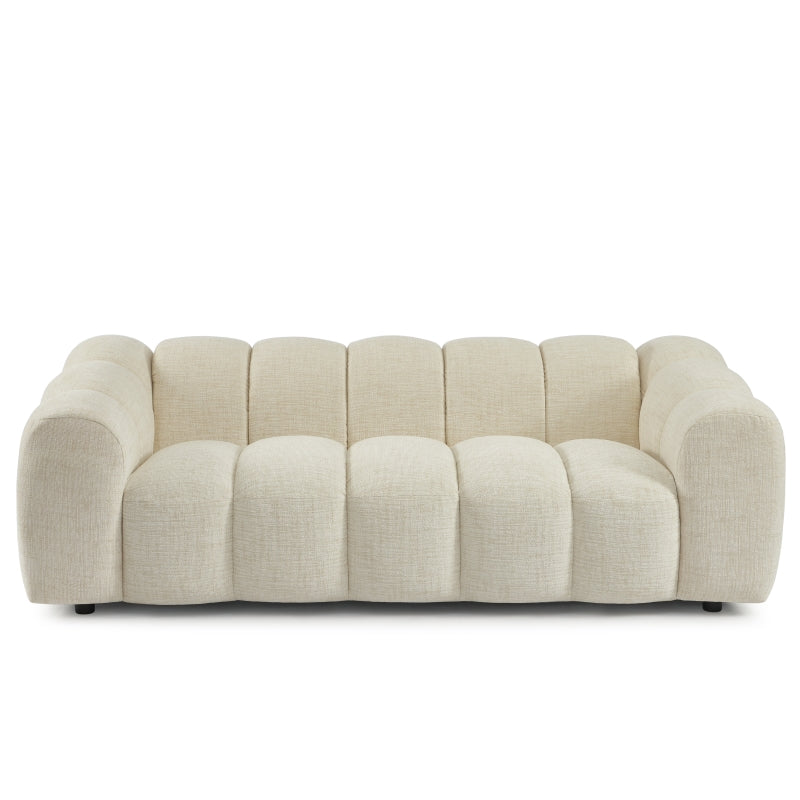 Canapé droit 3 places SUNNY en tissu tweed écru, formes arrondies et style cosy