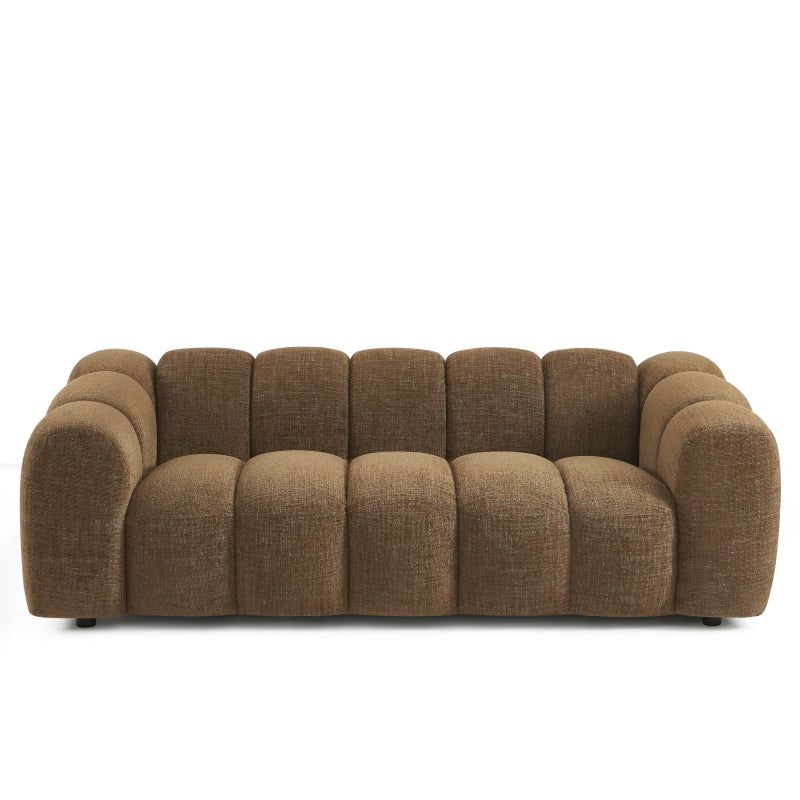 Canapé droit 3 places SUNNY tissu tweed marron, formes arrondies style cosy