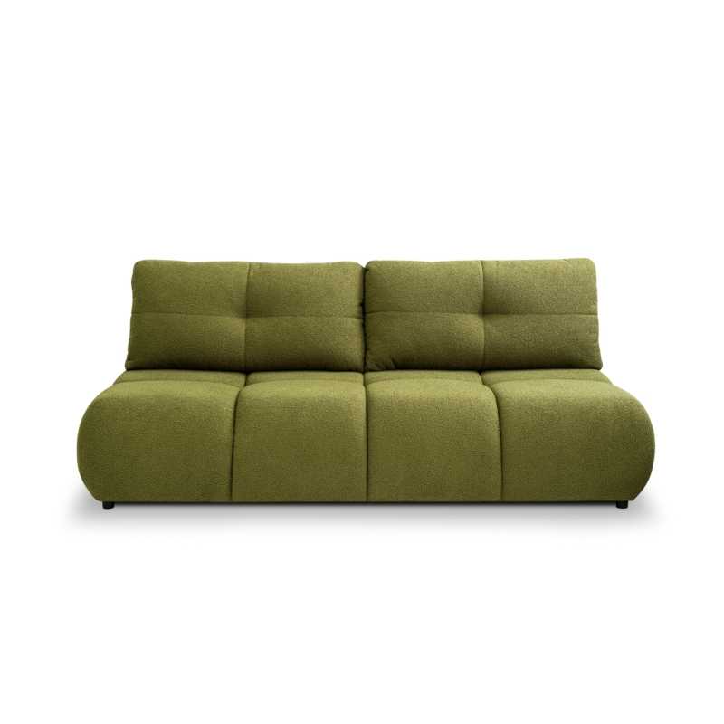Canapé convertible 3 places tissu bouclette vert olive, assise généreuse pour salon
