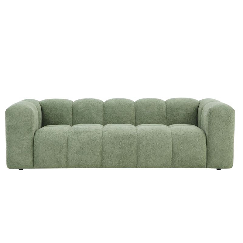 Canapé droit fixe 3 places tissu vert olive matelassé, style cosy salon moderne