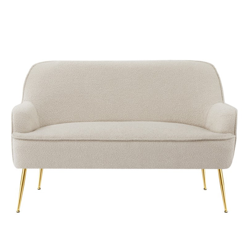Canapé 2 places tissu bouclette beige piètement métal doré, style contemporain élégant