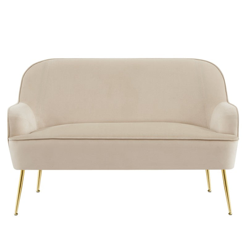 Canapé 2 places fixe velours beige piètement métal doré, style élégant et chaleureux