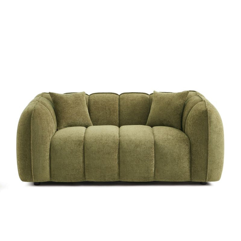Canapé 2 places MATILDA tissu chenille vert, formes arrondies style contemporain