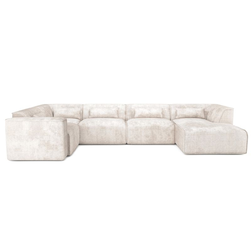 Canapé panoramique 7 places en U tissu beige, assises profondes pour salon convivial