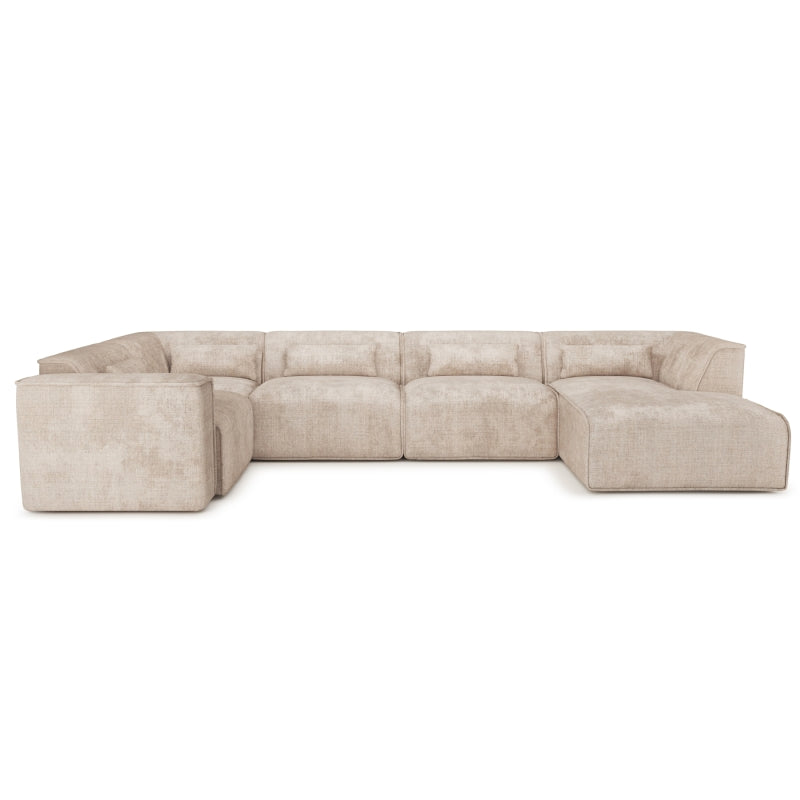 Canapé panoramique 7 places en U tissu taupe, assise droite pour salon convivial