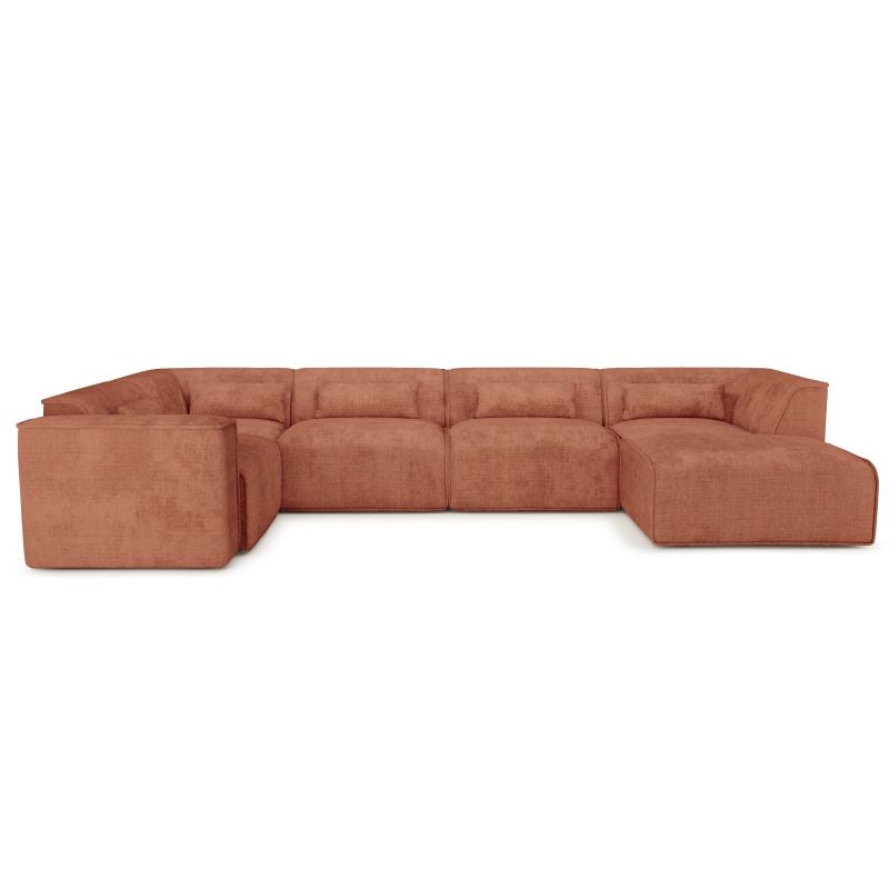 Canapé panoramique 7 places en U tissu terracotta, assise profonde pour salon convivial