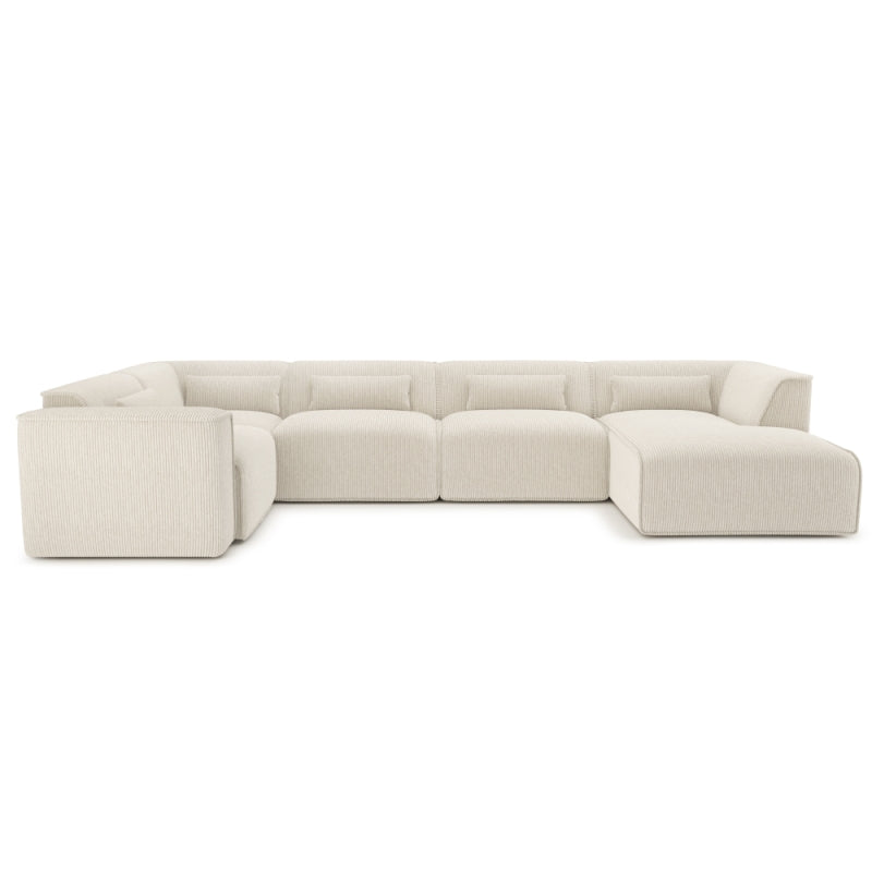 Canapé panoramique 7 places en U velours côtelé beige, assise fixe pour salon convivial