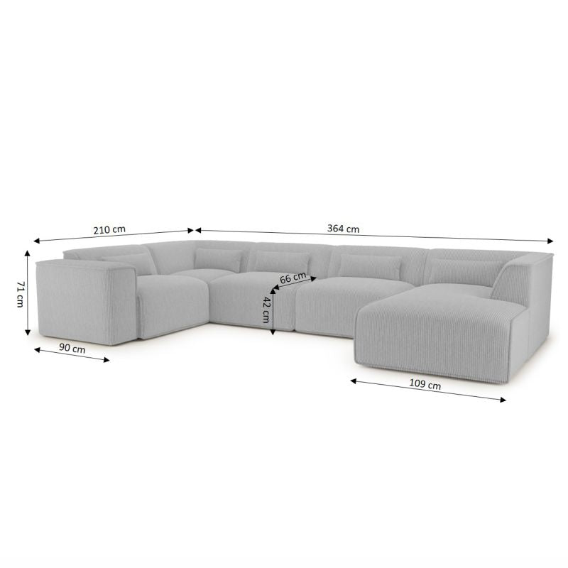 Canapé panoramique fixe NUNA 7 places chaise droite velours côtelé gris