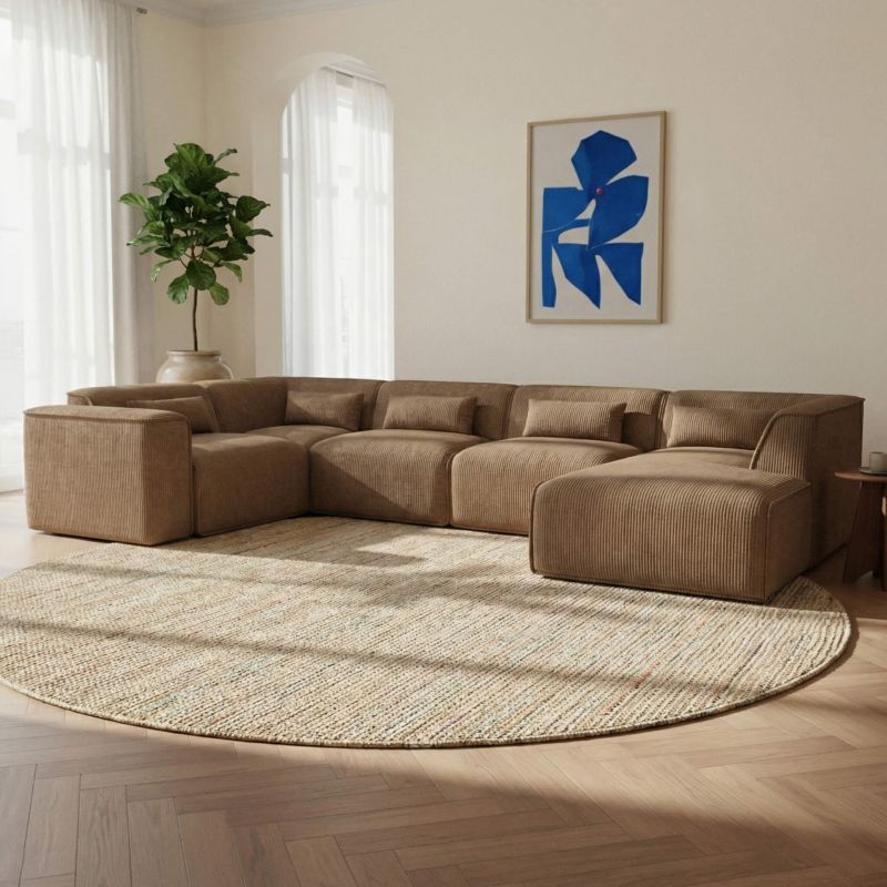 Canapé panoramique fixe NUNA 7 places chaise droite velours côtelé marron