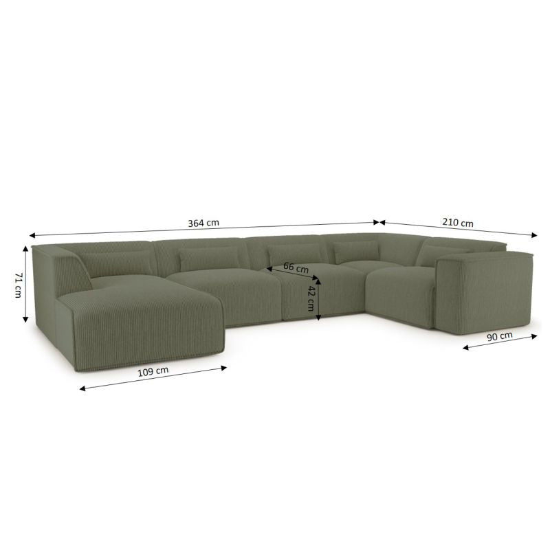 Canapé panoramique fixe NUNA 7 places chaise gauche velours côtelé vert