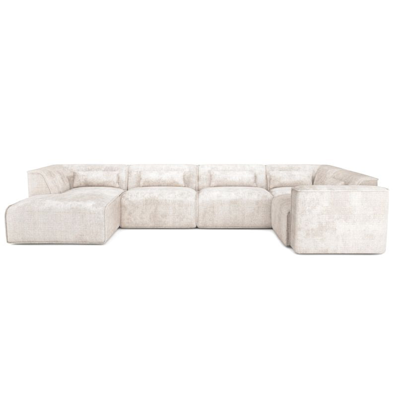 Canapé panoramique 7 places en U tissu beige, chaise gauche, salon convivial