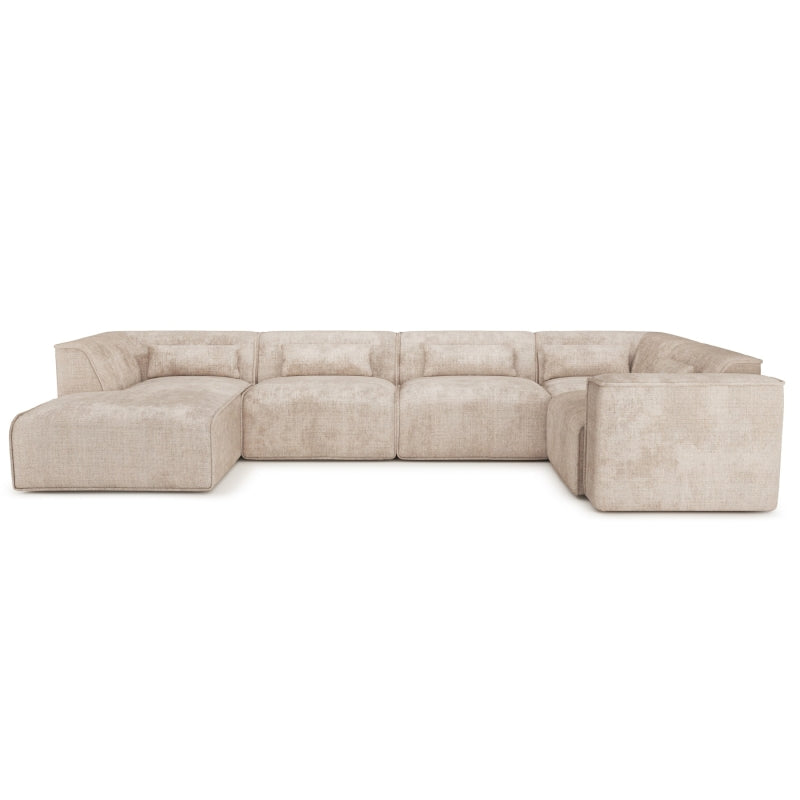 Canapé panoramique 7 places en U tissu taupe, chaise gauche, style contemporain