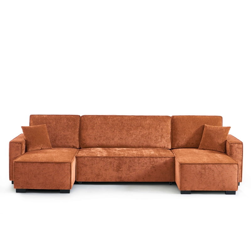 Canapé panoramique convertible 6 places en tissu terracotta, large assise 270 cm