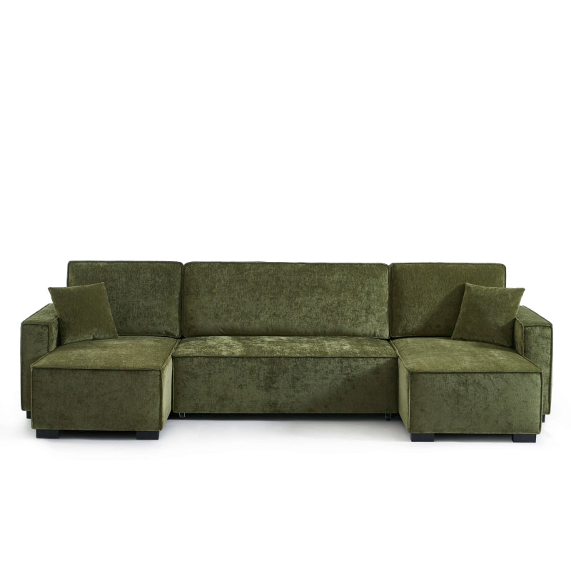 Canapé panoramique convertible 6 places tissu vert, grande assise 270 cm pour salon