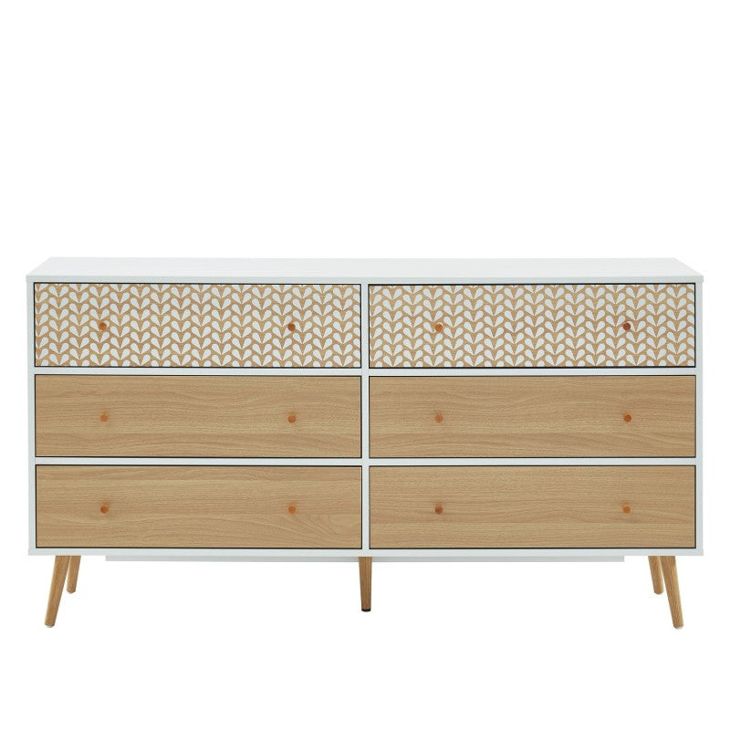Commode 6 tiroirs blanc et effet chêne 150cm, style scandinave, fabrication française