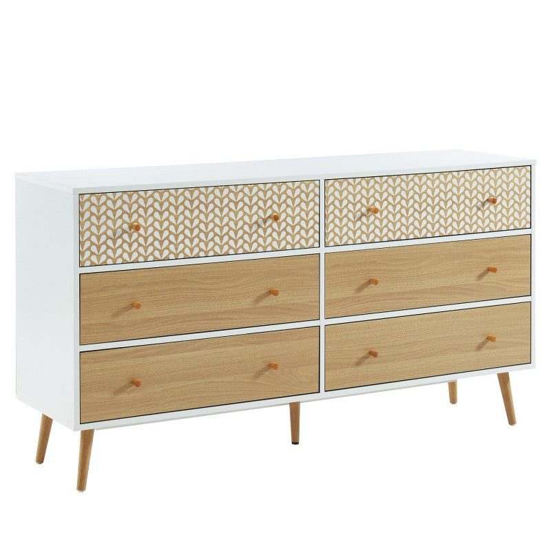 Commode CAPUCINE 6 tiroirs blanc et effet chêne 150cm