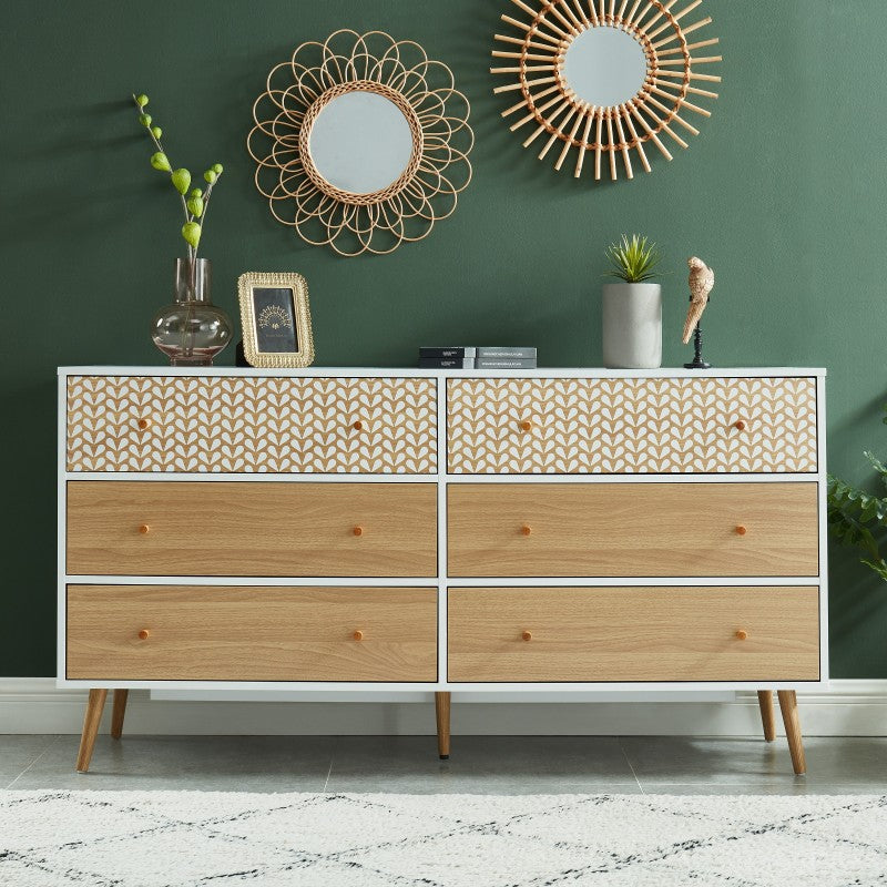 Commode CAPUCINE 6 tiroirs blanc et effet chêne 150cm