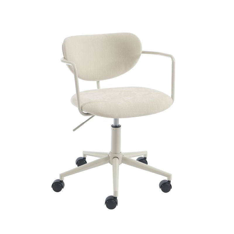 Chaise de bureau ergonomique tissu beige sable avec roulettes, design sobre et moderne