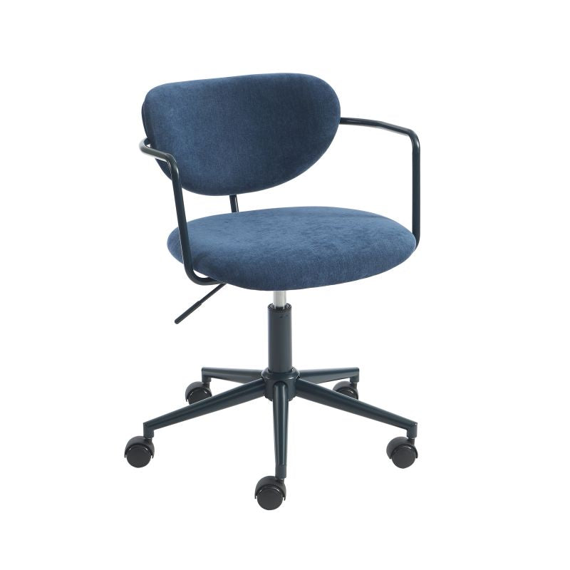Chaise de bureau tissu bleu nuit avec roulettes, design compact et moderne