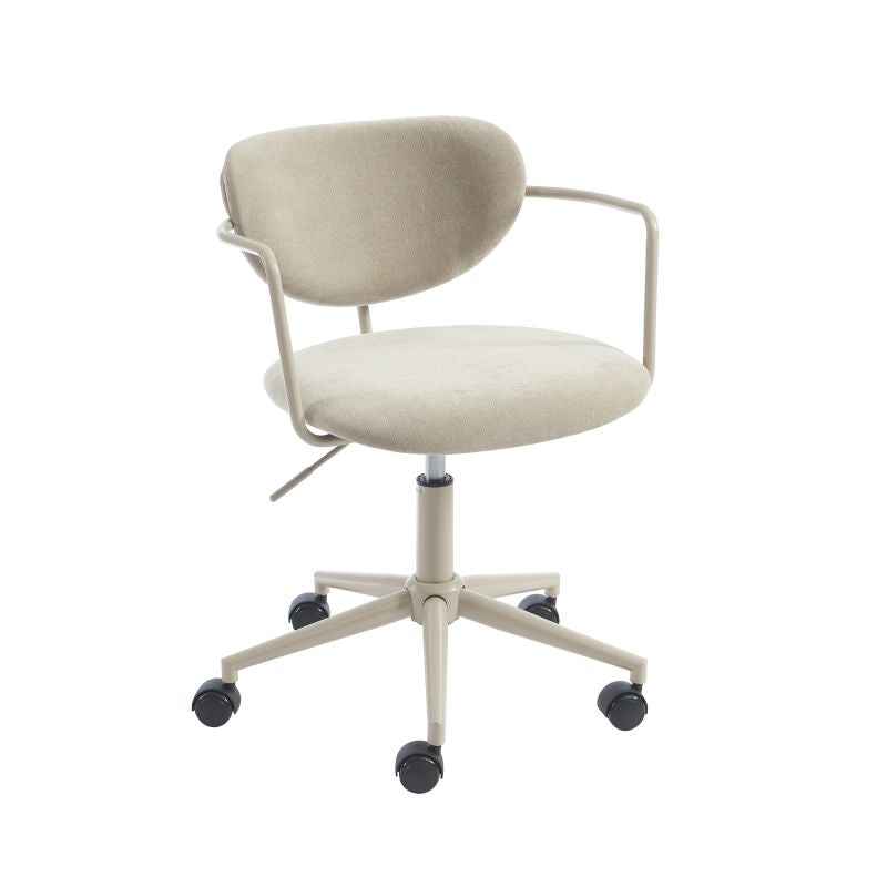 Chaise de bureau tissu taupe avec roulettes, design compact et moderne