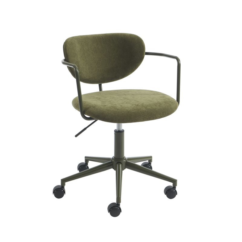 Chaise de bureau Pantone tissu vert olive sur roulettes, design sobre et moderne