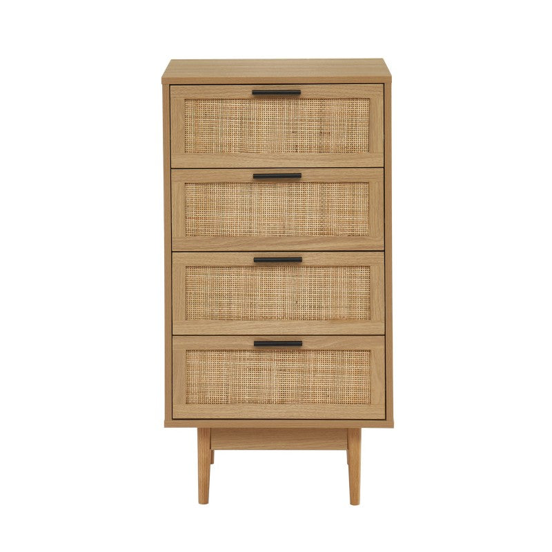 Chiffonnier 4 tiroirs effet chêne et cannage rotin 50cm, style bohème rustique