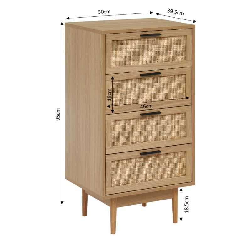 Chiffonnier AMANA 4 tiroirs effet chêne et cannage rotin 50cm