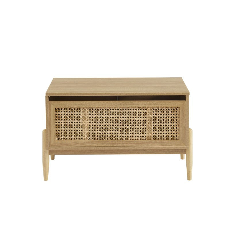 Coffre à jouets en bois effet chêne avec cannage rotin, rangement bohème chambre enfant