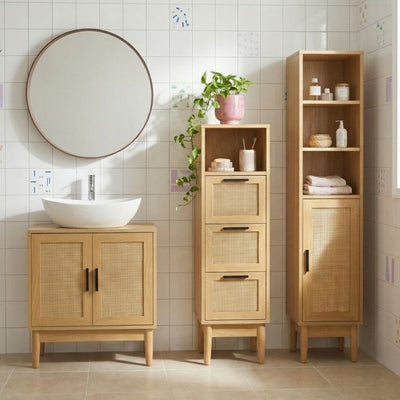 Colonne de salle de bain AMANA effet chêne et cannage rotin 30cm