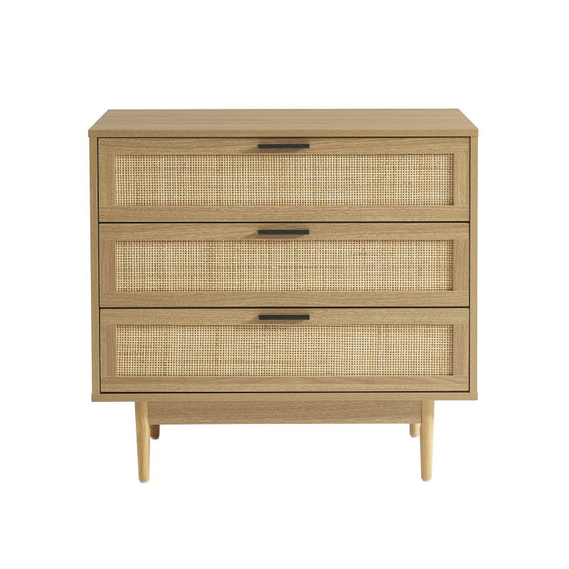 Commode 3 tiroirs 80cm effet chêne et cannage rotin, style contemporain