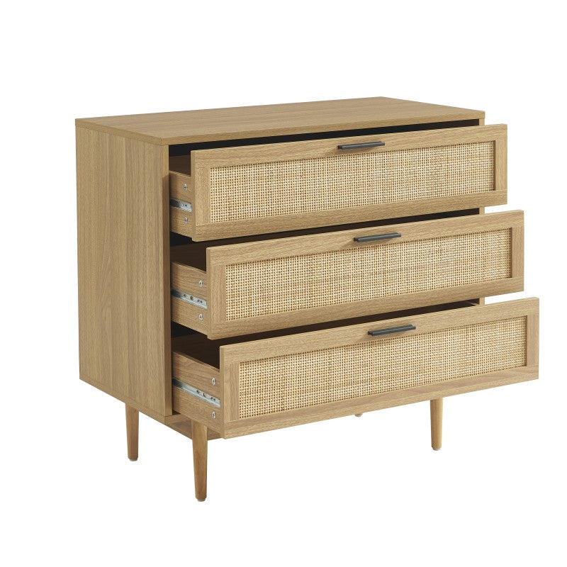 Commode AMANA 3 tiroirs effet chêne et cannage rotin 80cm