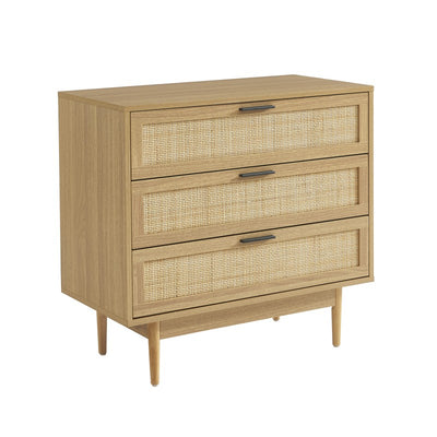Commode AMANA 3 tiroirs effet chêne et cannage rotin 80cm