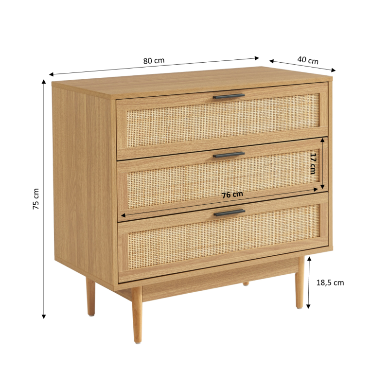 Commode AMANA 3 tiroirs effet chêne et cannage rotin 80cm