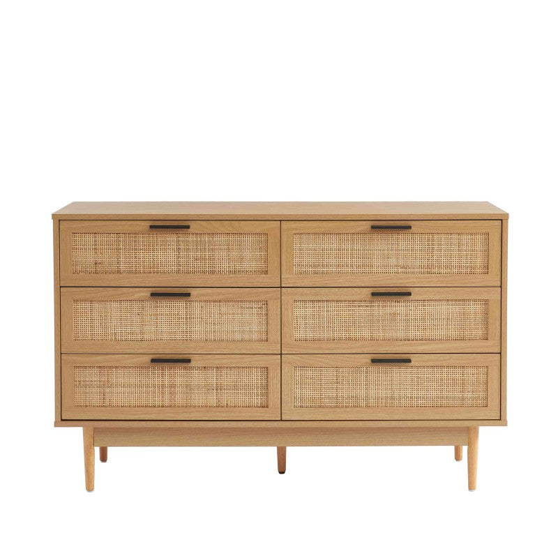 Commode 6 tiroirs effet chêne et cannage rotin 120cm, style bohème chic