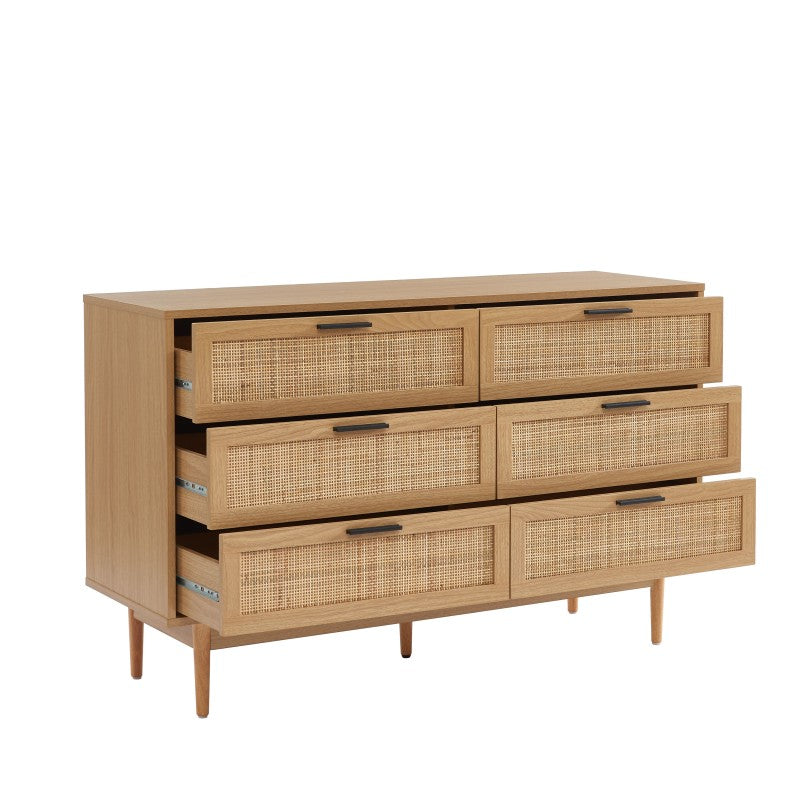 Commode AMANA 6 tiroirs effet chêne et cannage rotin 120cm