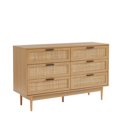 Commode AMANA 6 tiroirs effet chêne et cannage rotin 120cm