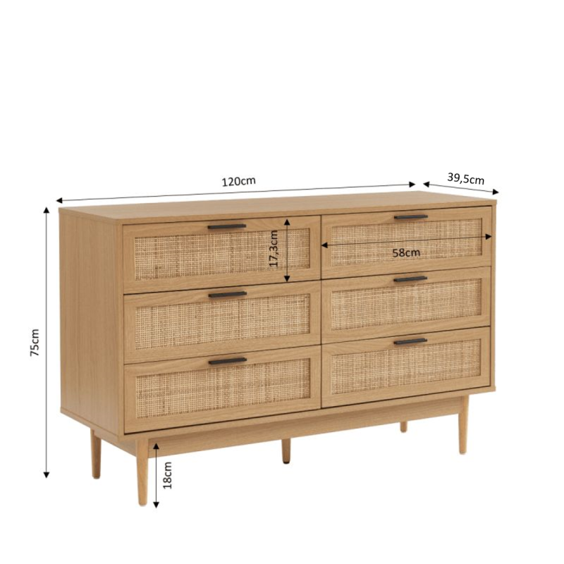 Commode AMANA 6 tiroirs effet chêne et cannage rotin 120cm