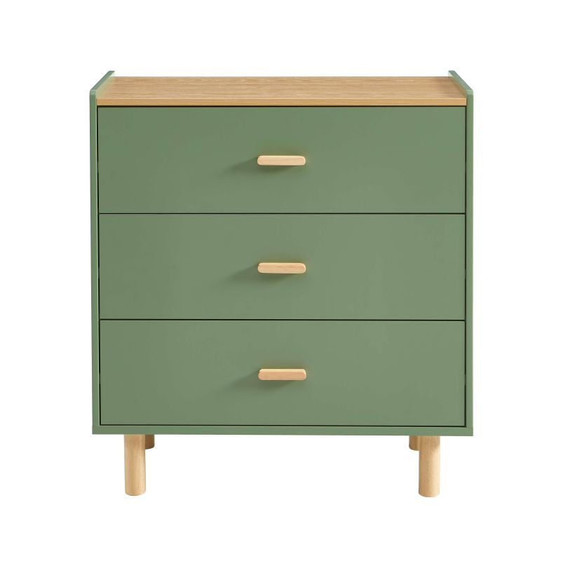 Commode enfant 3 tiroirs vert et effet chêne 80cm, lignes arrondies design doux