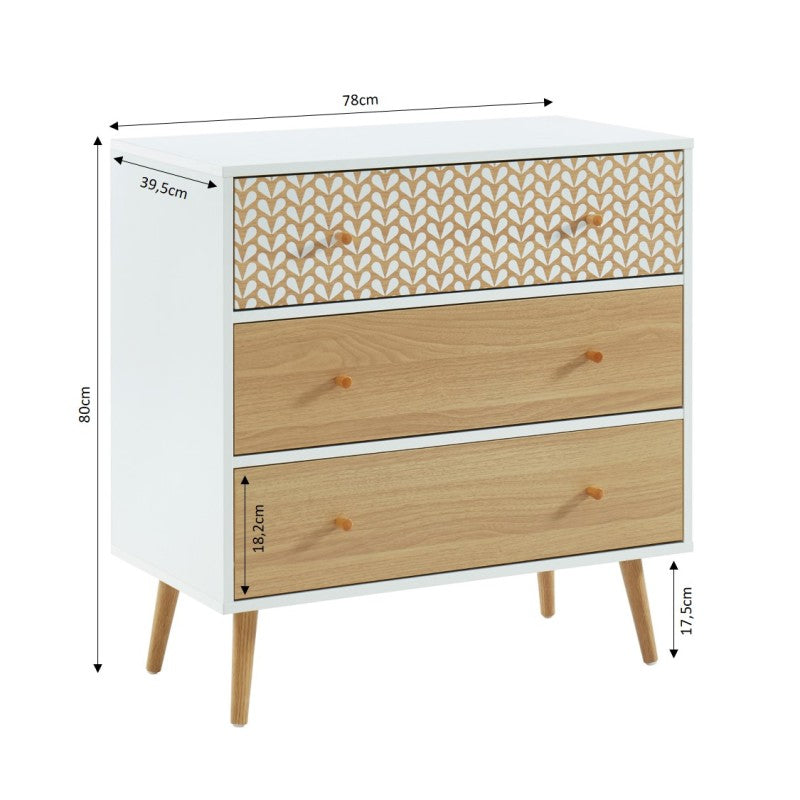 Commode CAPUCINE 3 tiroirs blanc et effet chêne 78cm