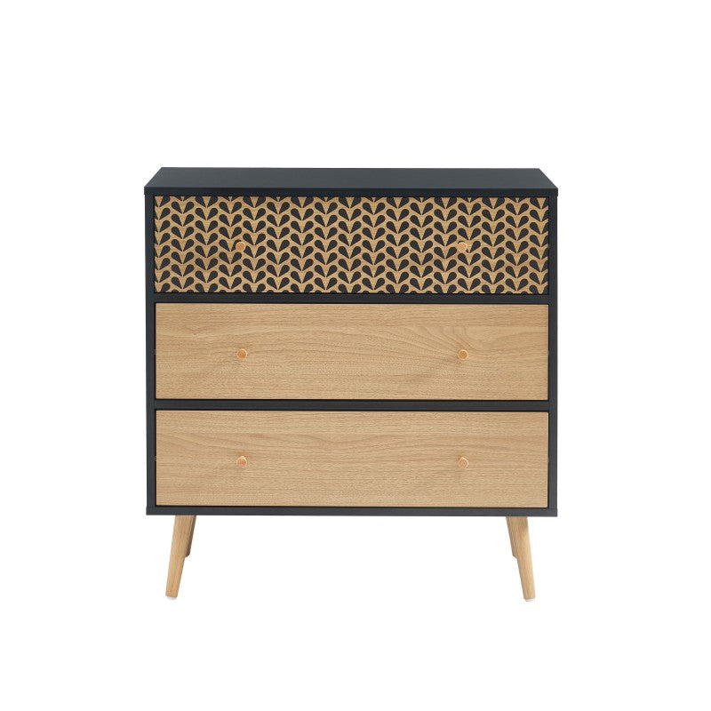 Commode 3 tiroirs coloris noir et effet chêne 78cm, style scandinave pour chambre