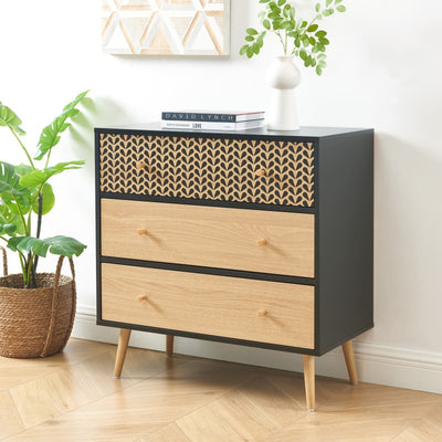 Commode CAPUCINE 3 tiroirs noir et effet chêne 78cm