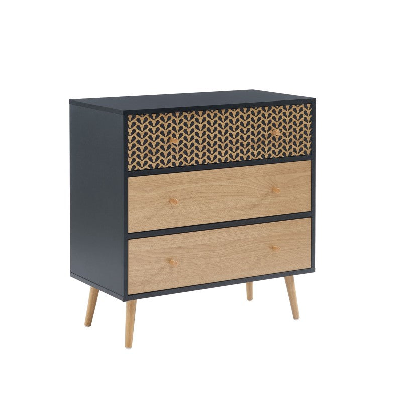 Commode CAPUCINE 3 tiroirs noir et effet chêne 78cm