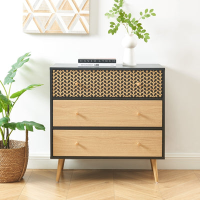 Commode CAPUCINE 3 tiroirs noir et effet chêne 78cm