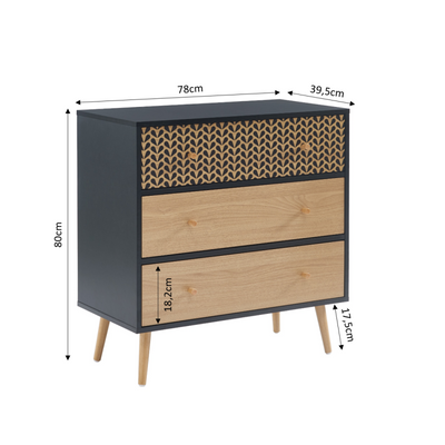 Commode CAPUCINE 3 tiroirs noir et effet chêne 78cm